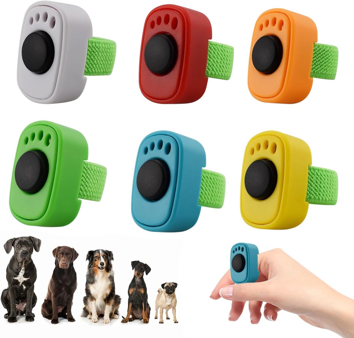 Clicker voor honden, clicker, kat, hond, clicker, vingerring voor huisdieren, met polsband, praktische accessoires voor hondentraining, geschikt voor training van honden, katten, paarden (6 kleuren)