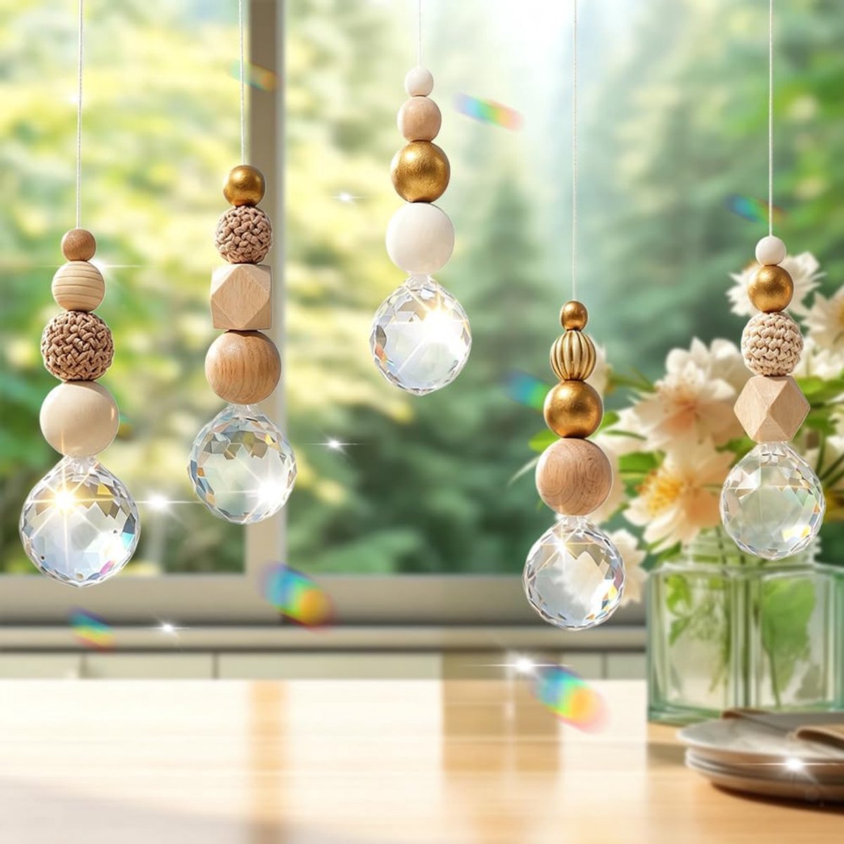Zonnevangers, lichtvanger, hangende decoratie met houten kralen en kristallen bol, lichtbreker, prisma voor ramen en raamdecoratie, doe-het-zelf voor kinderen, tuinfeest