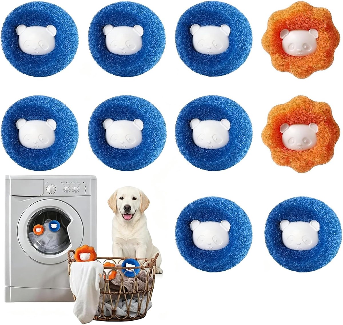 Haarballen voor wasmachine, 10 stuks, herbruikbare wasballen, verwijdert dierenharen en kleding, voor wasmachine en droger (blauw en oranje)