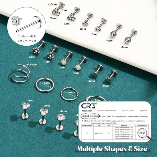 16G neuspiercing chirurgisch staal piercing oor zilver goud piercing tragus conch septum helix lip kraakbeen piercing oorringen hypoallergeen dames piercing sieraden — afbeelding 2