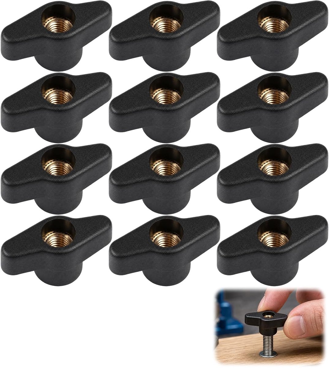 Spanknoppen met gekartelde schroefdraad moeren, 12 stuks, zwart | vleugelmoer, M8 x 36mm, voor machines, fitnessapparatuur, meubels en gereedschap (zwarte)