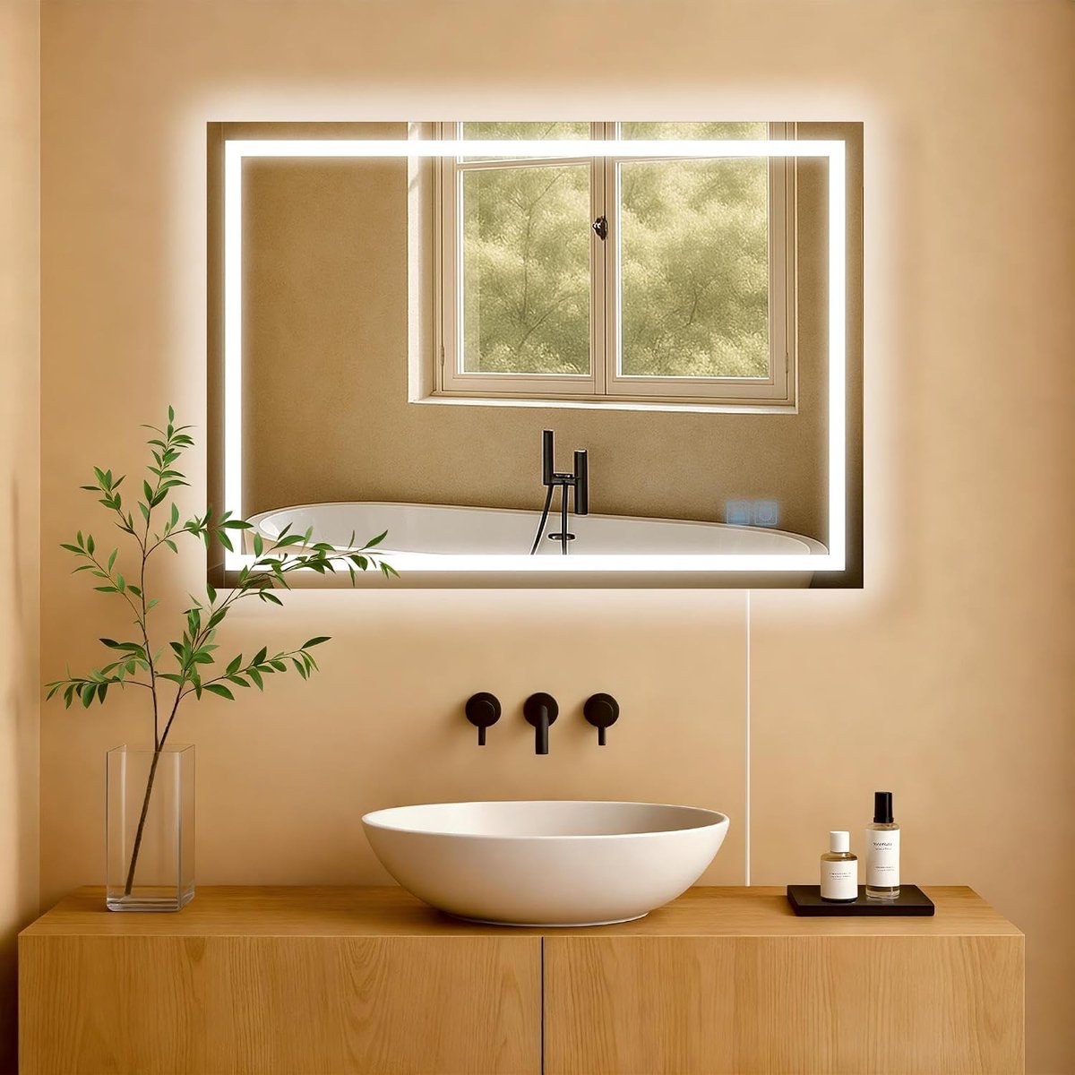 Jaffrey Badkamerspiegel met verlichting, anti-condens, liggend en staand formaat, wandspiegel, dimbaar, 3 lichtmodi, afmetingen: 50 x 70 cm