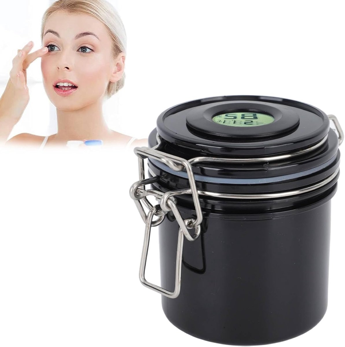 Voorraadpot met thermometer hygrometer, verlengt de levensduur van de lijm, verzegeld en beschermd, temperatuur- en vochtigheidsbewaking (zwart)