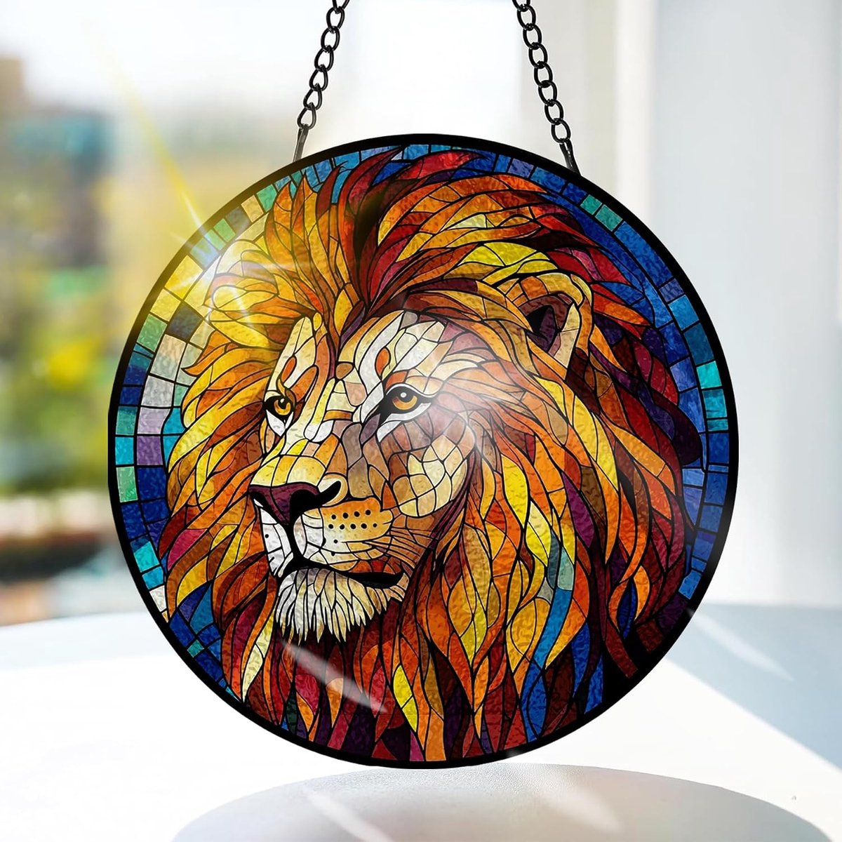 Leeuw Gekleurd Glas Hangend - Dier Hangende Raamdecoratie - voor Tuin, Raam en Deur, Verjaardag voor Vrouwen, Handgemaakte Suncatcher Decoratie 20x20 cm