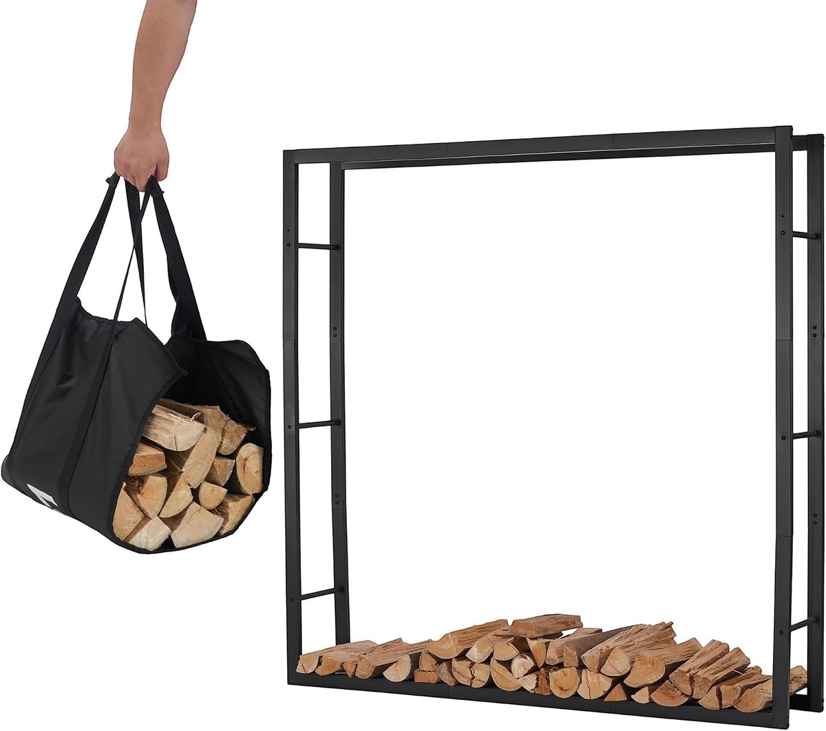 Houthouder 148×25×148 cm - Zwart staal - Stabiele constructie - Geschikt voor binnen en buiten - SnelShoppen