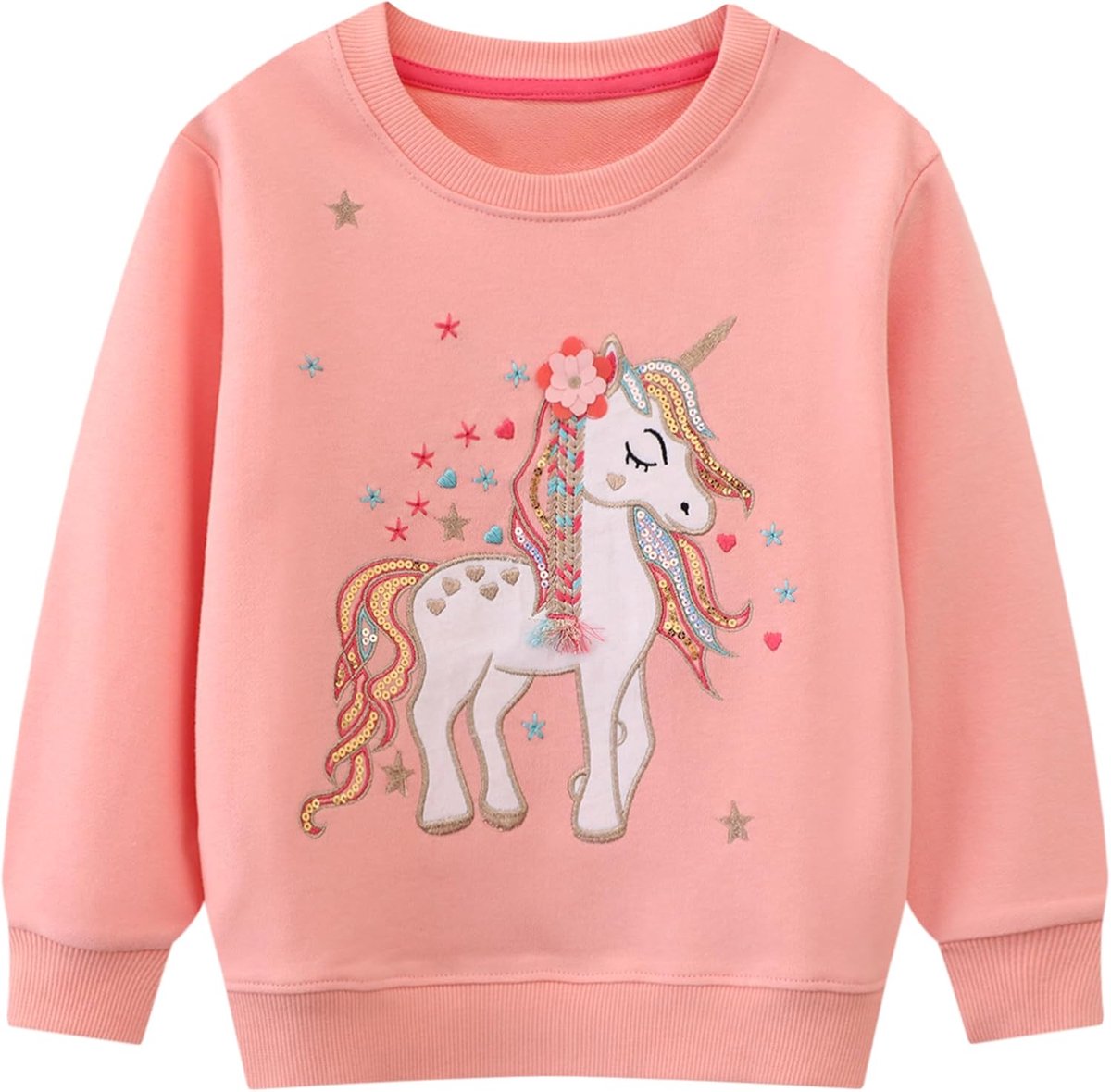 Sweatshirt Meisjes Kinderen Lange Mouwen Pullover Katoen Casual Jumper Eenhoorn Regenboog Pailletten Borduurwerk Kinderkleding Ronde Hals Lente Herfst Trui Tops voor Peuter Leeftig 2-7 Jaar