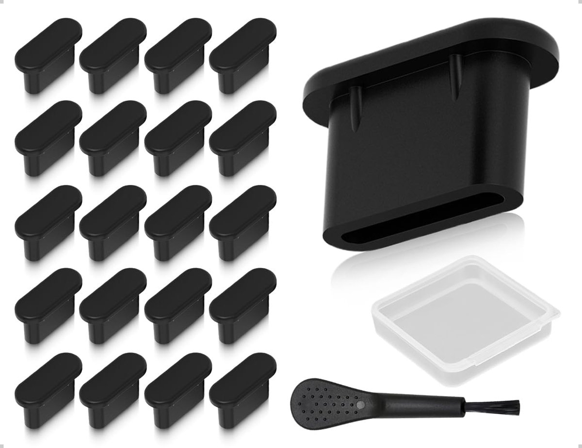 USB C stofbescherming set - 20 zwarte siliconen covers - met reinigingsborstel - beschermt oplaadpoort - ShopVlot
