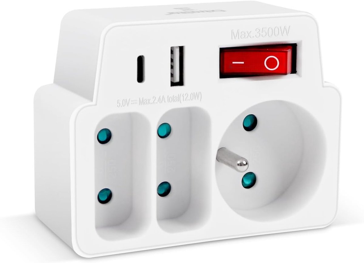 Wandcontactdoos met schakelaar - Dubbele stekkeradapter - 3 wandcontactdozen en USB-poorten - Ideaal voor thuisgebruik - ShopVlot