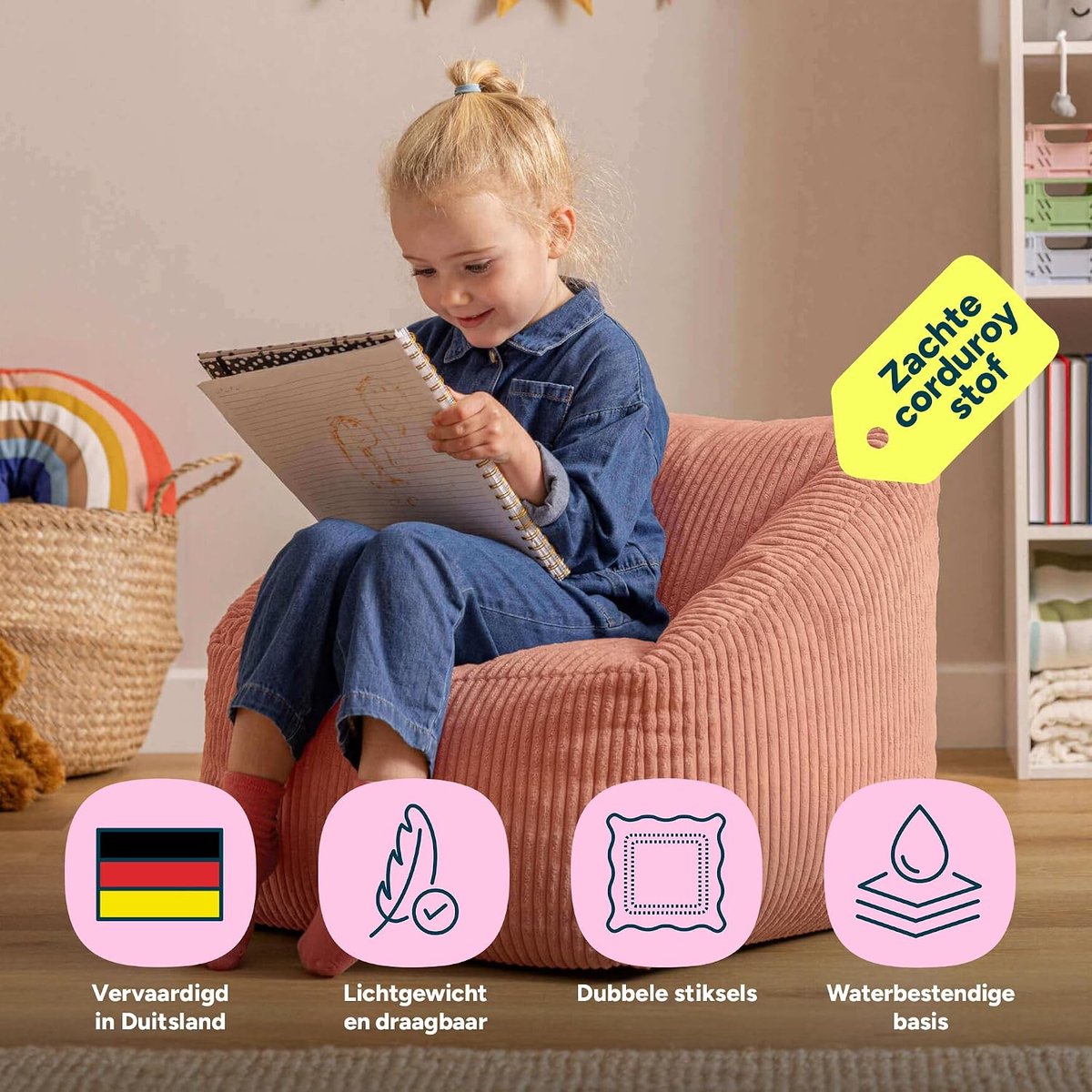Kinder Zitzak Stoel - Zitzak Kinderen - Ontspannen en Spelen - Zachte Corduroy Stof - 55 cm Diep - Lichtroze