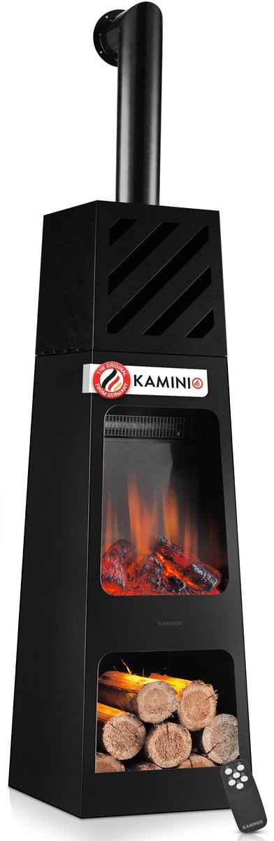 KAMINIO® Kai XL elektrische haard met verwarmingselement en schoorsteenpijp [elektrische tuinhaard zwart] - Vrijstaande haard met verwarmingselement, 3D-vlameffect in 5 standen, houtopslagvak met ledverlichting, timer, thermostaat, afstandsbediening