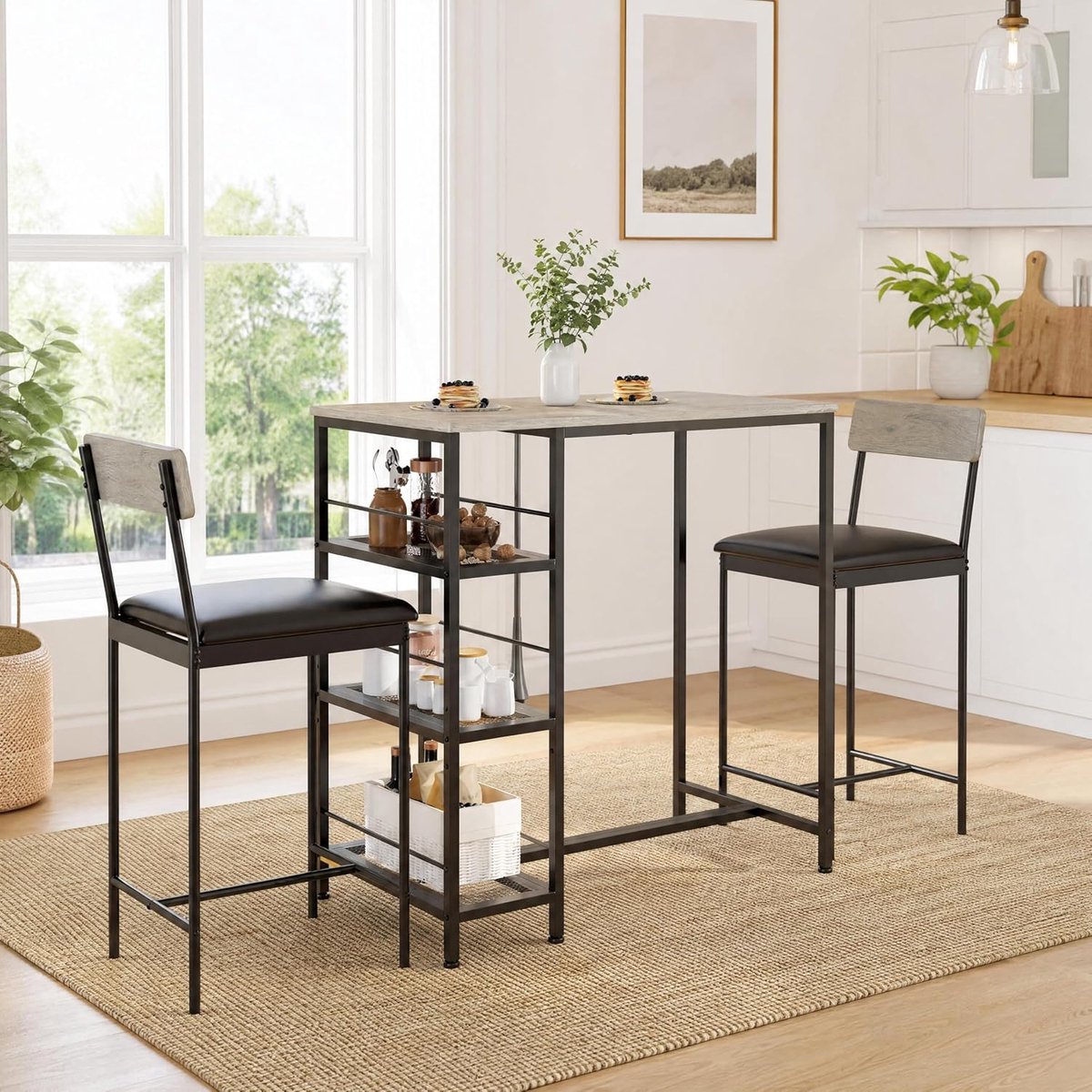 Triumpunpre - Eettafel Set 3 delige - Bar tafel + 2 stoelen met 3-laags opbergplank - industriële Eikenkleur