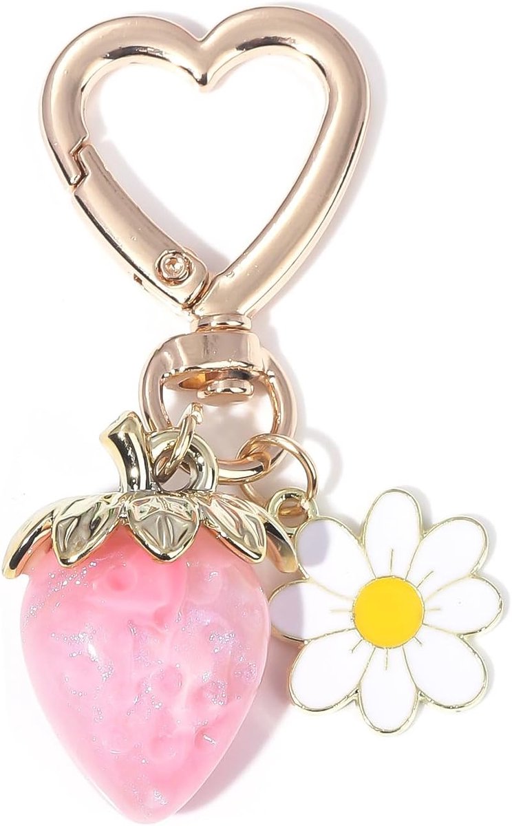 Thijox - Schattige Aardbei Sleutelhanger met Bloemen en Hartsluiting, Kawaii Zakhanger Accessoire voor Meisjes, Compact en Licht Design, Rood, Perfect