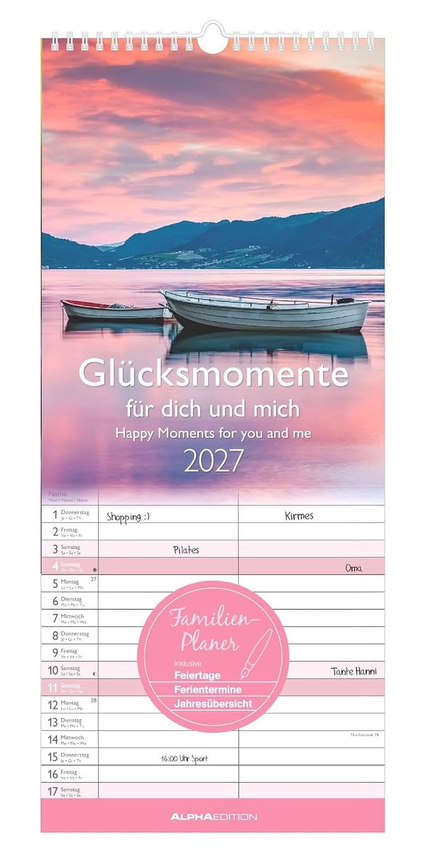 SnelShoppen - Familienkalender 2027 - 19,5x45 cm met 2 Spalten, Landschap Motieven, Schulferien & 4-Talig Kalendarium voor Gezinnen & Stellen