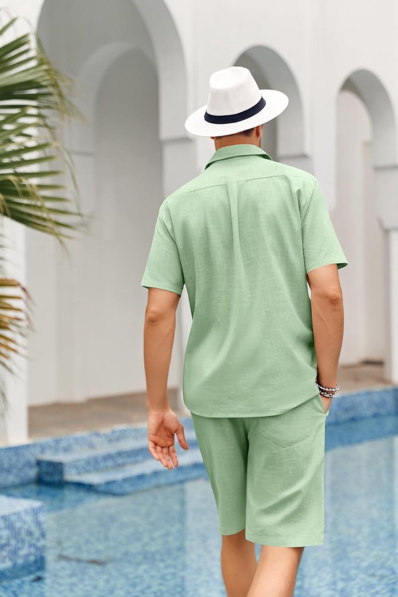 Heren 2-delig linnen set - Regular fit - Knoopsluiting - Perfect voor stranddagen - SnelShoppen