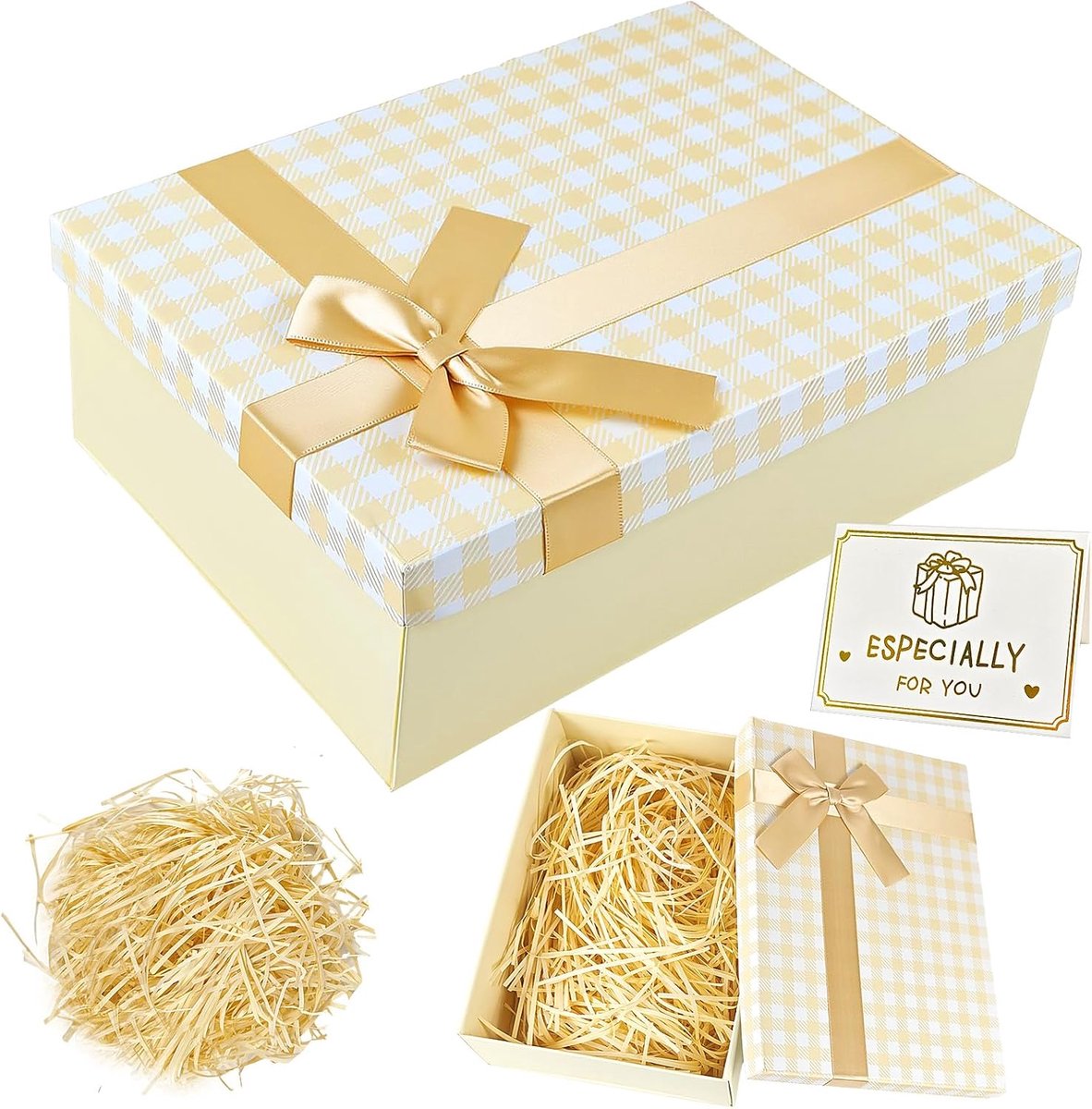 Geschenkdoos groot 25 x 18 x 8,5 cm - luxe met deksel - met strik en wenskaart - perfect voor verjaardag - ShopVlot