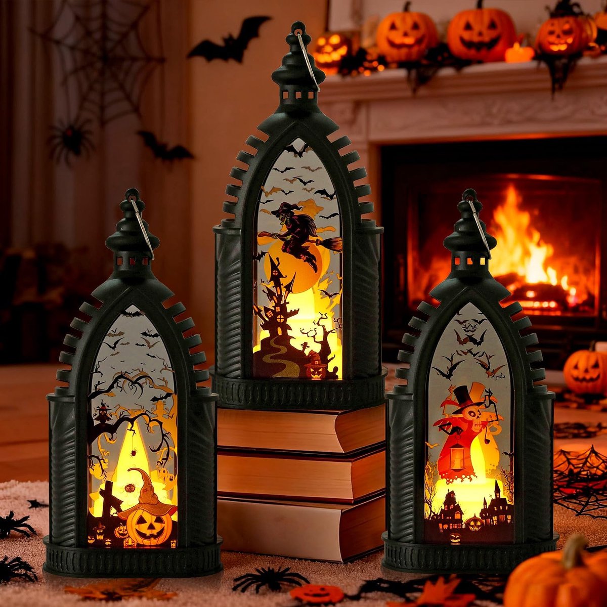 Halloween lampionnen set - 3 stuks - pompoen, skelet en heks - sfeervolle verlichting voor buitengebruik - ShopVlot