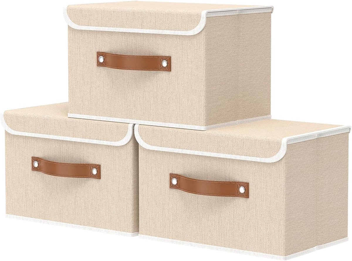 Opvouwbare opbergdoos 38 x 25 x 25 cm - Linnen stof met deksel - Set van 3 - Ideaal voor kleding en handdoeken - ShopVlot