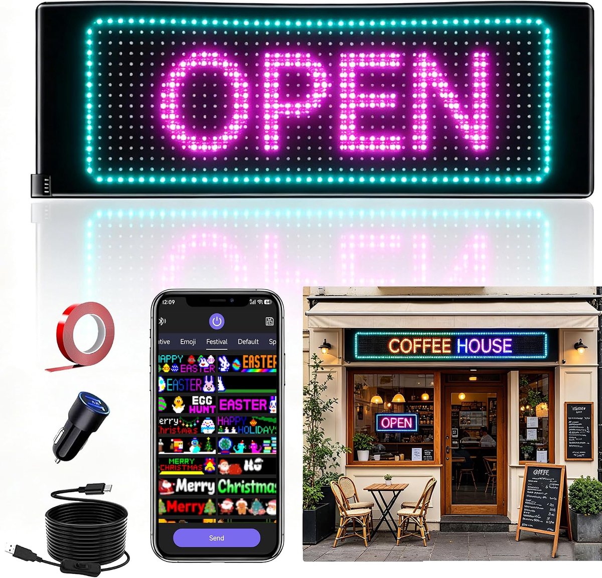 LED display bord 7 x 17 cm - met Bluetooth app - programmeerbare teksten - ideaal voor binnen en buiten evenementen - ShopVlot