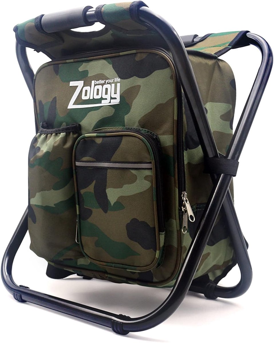 Vouwbare campingstoel rugzak - camouflage - met geïsoleerde picknicktas - ideaal voor outdoor en strand - ShopVlot