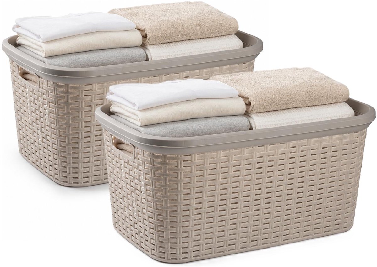 Plasticforte Wasmand - 2x - 35 liter - rotan - beige - kunststof - 53 x 36 x 26 cm - draagmand - met handvatten - lichtgewicht