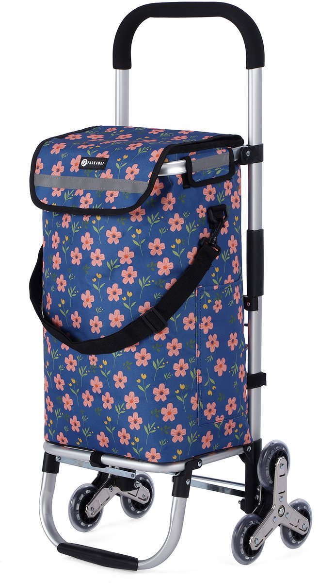 Packaway Boodschappentrolley met Trapwielen 40 Liter - Opvouwbare Boodschappenwagen met ruim Koelvak - Blue Blossom