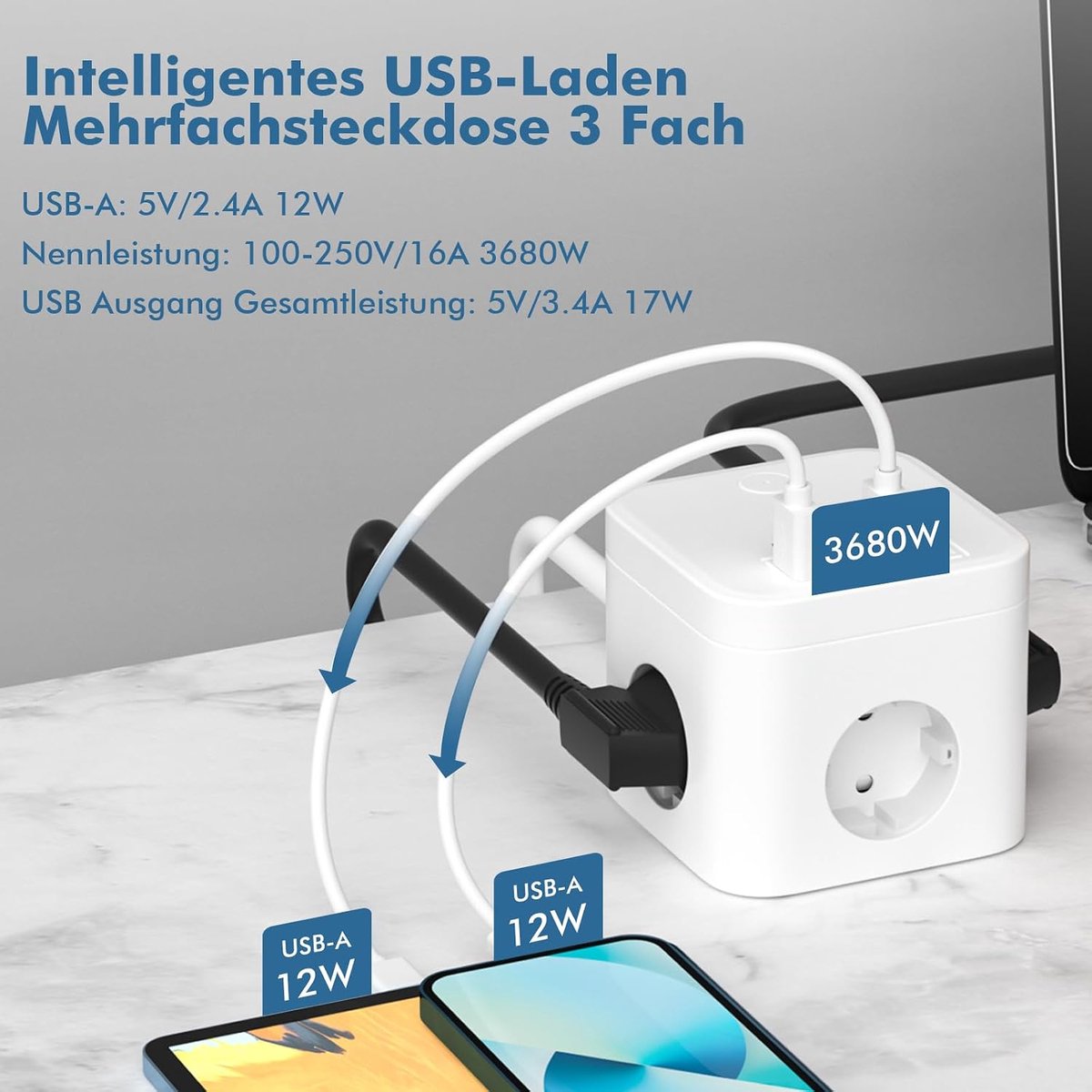 Stekkerdoos met USB - 3 uitgangen - Wit - Ideaal voor thuisgebruik - SnelShoppen
