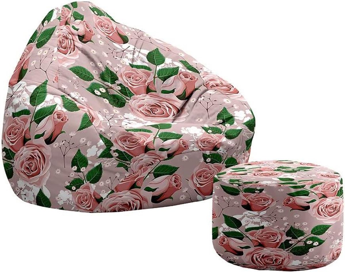 Zitzak Stoel - Luie Sofa Poef - Ontspannen Zitten - Met Voetenbank - 80x90+20x30cm - Roze Bloem