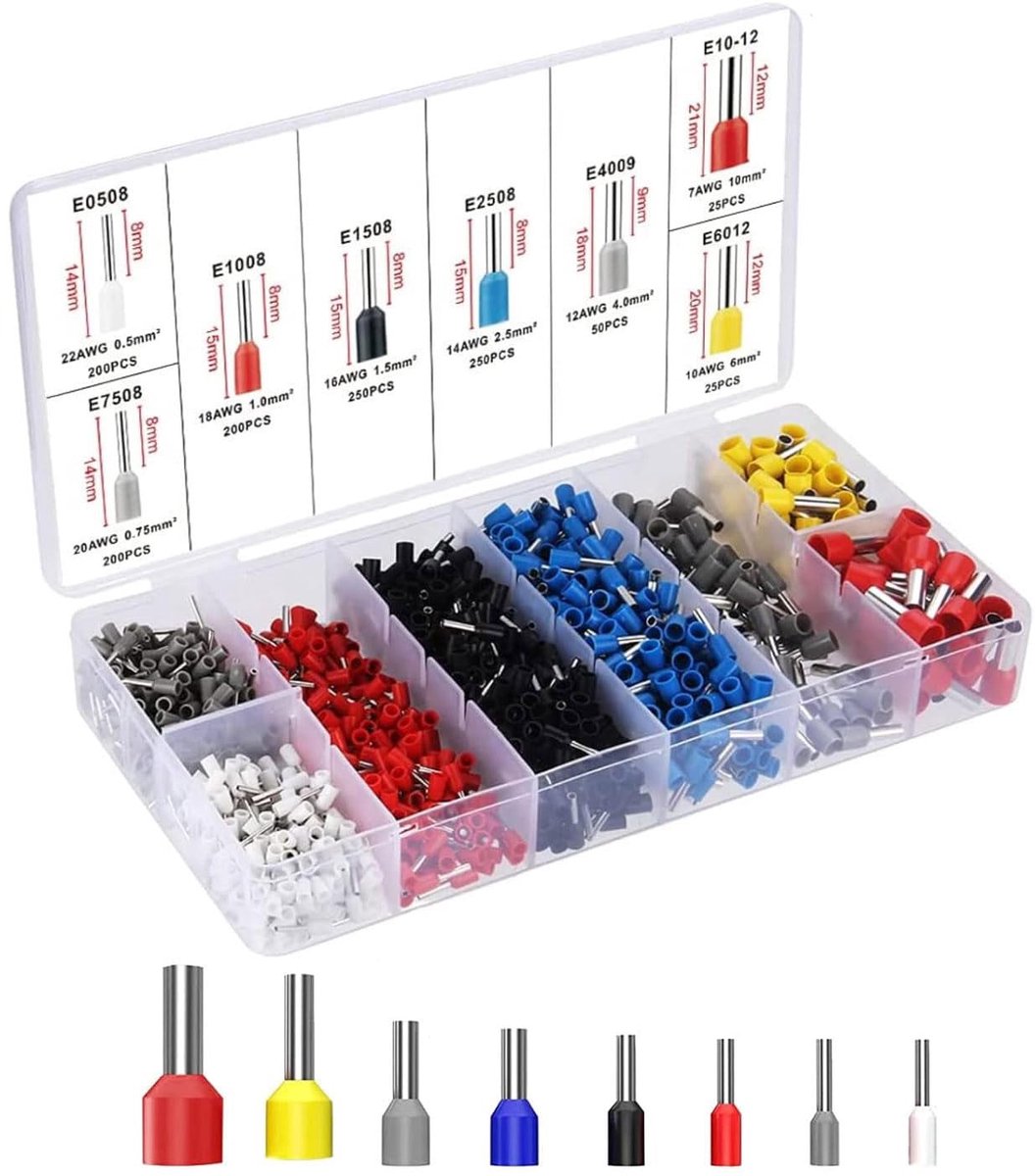 Ferrules set 1200 stuks - 0.5 mm² - 10 mm² - geïsoleerde kabelschoenen - eenvoudig te installeren - ShopVlot