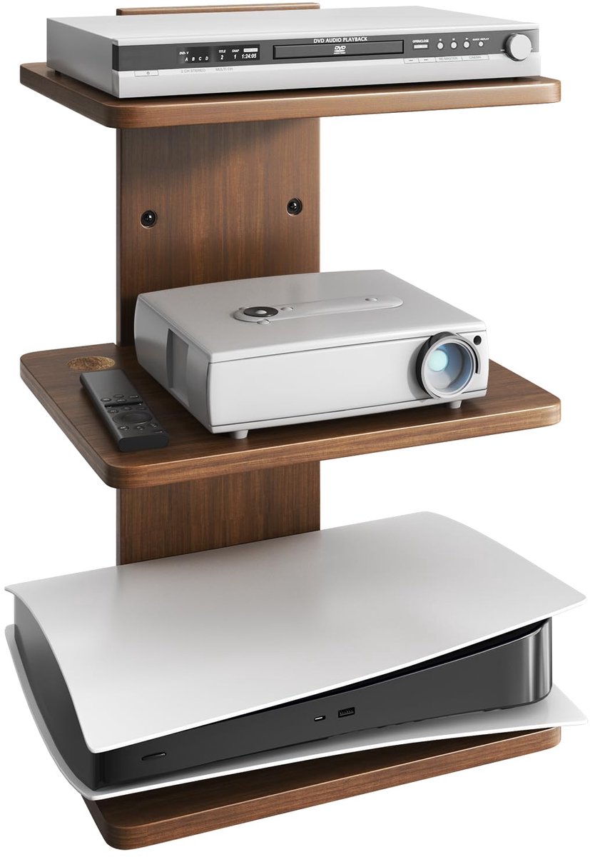 Drijvende Wandplank met 3 Niveaus - Projector Plank van Massief Hout met Kabelbeheer - Multifunctionele Wandkast voor Woonkamer, Kantoor en Slaapkamer - Draagvermogen 10 kg per Plank - Eenvoudige Wandmontage - Walnoot Bruin