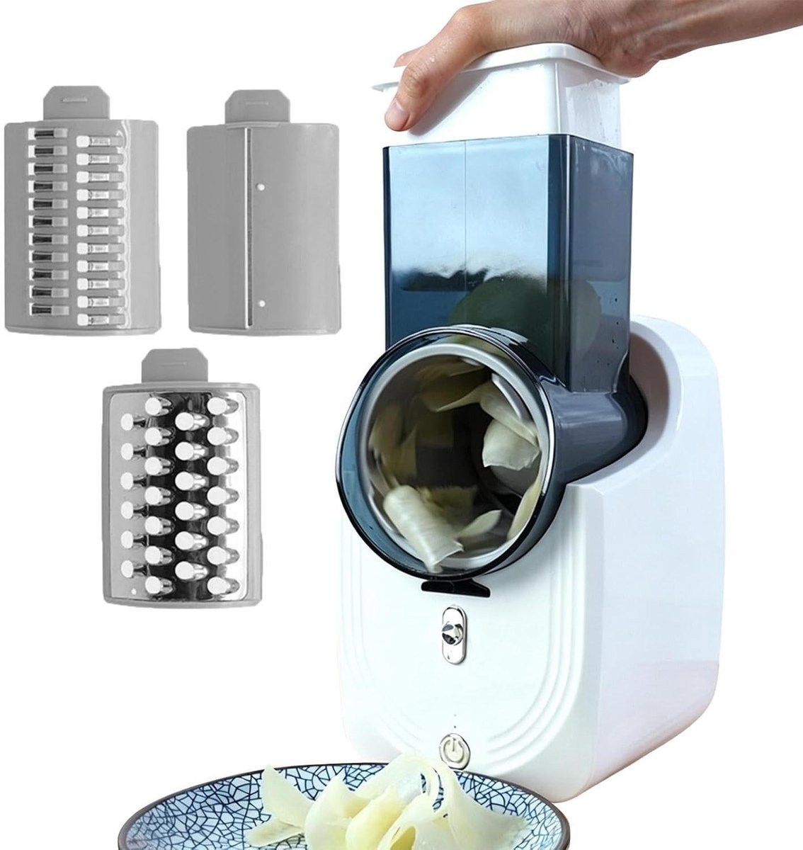 Elektrische Keuken Rasp - Snijmachine Plakmachine - Maaltijdvoorbereiding - Drie Verwisselbare Snijders - 15x16x29cm - Wit