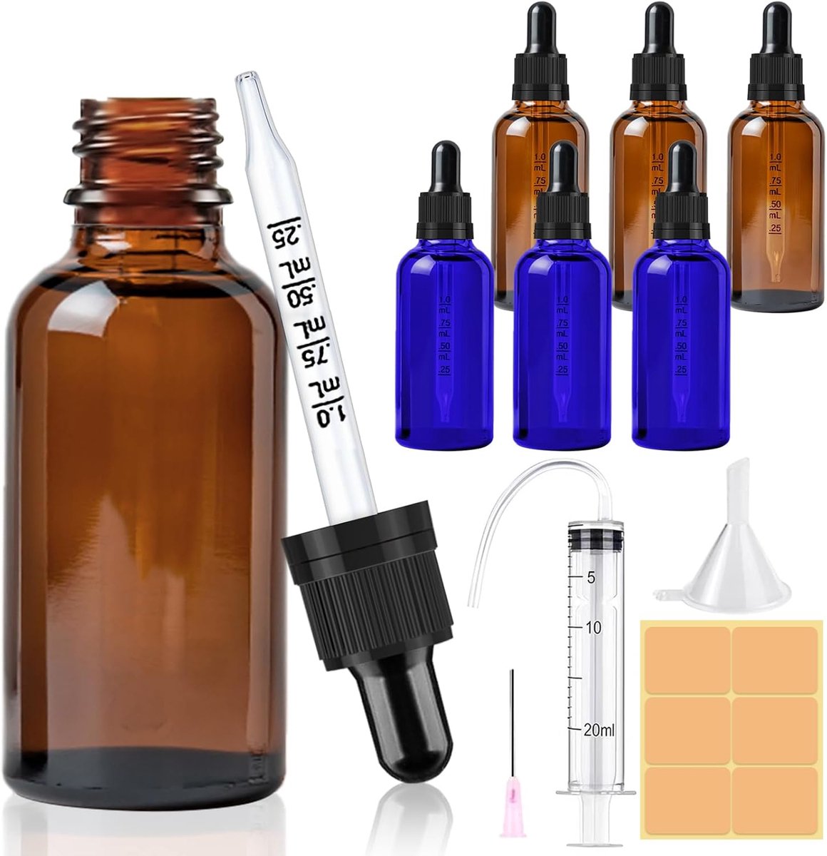 Glas Pipette Flessen 6pcs - Amber Herbruikbare Fles met Pipette - Bruin en Blauwe Druppelflessen - SnelShoppen