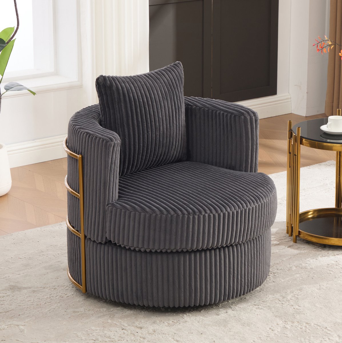 MIVRAY Fauteuil 76 x 79 x 78 cm - 360 Graden Draaibaar Met Opbergruimte Onder Zitting - Voor Woonkamer En Slaapkamer - Cord Grijs