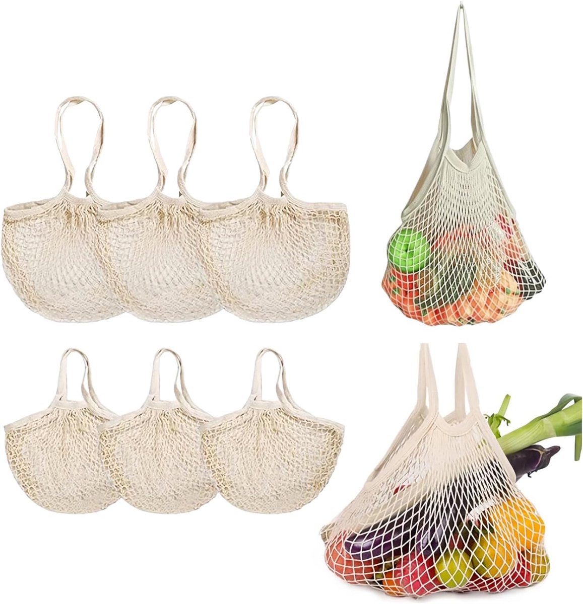 Herbruikbare net boodschappentas 6 stuks - katoen - wasbaar - ideaal voor groenten en fruit - ShopVlot