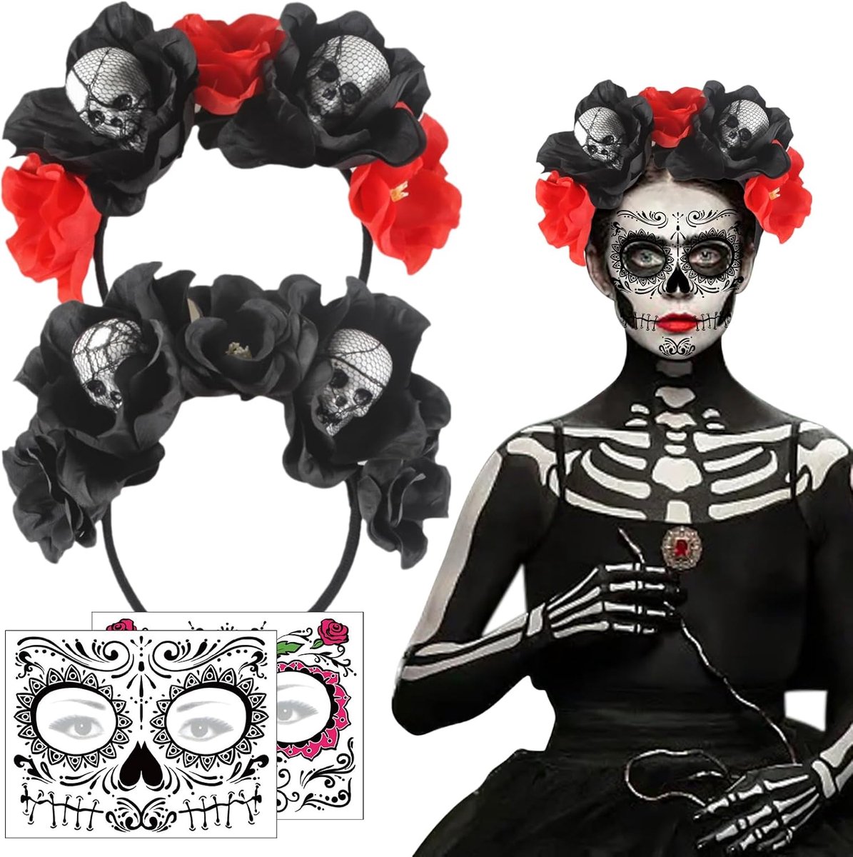 Hoofdband Dia de los Muertos met gezichtstatoeages - 2 stuks - Halloween Accessoires - Perfect voor feestelijke thema's - ShopVlot