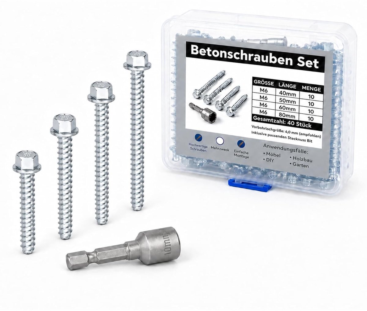 Betonschroeven set M6 - Zelftappende schroeven met dopsleutel - Diverse lengtes 40/50/60/80 mm - ShopVlot