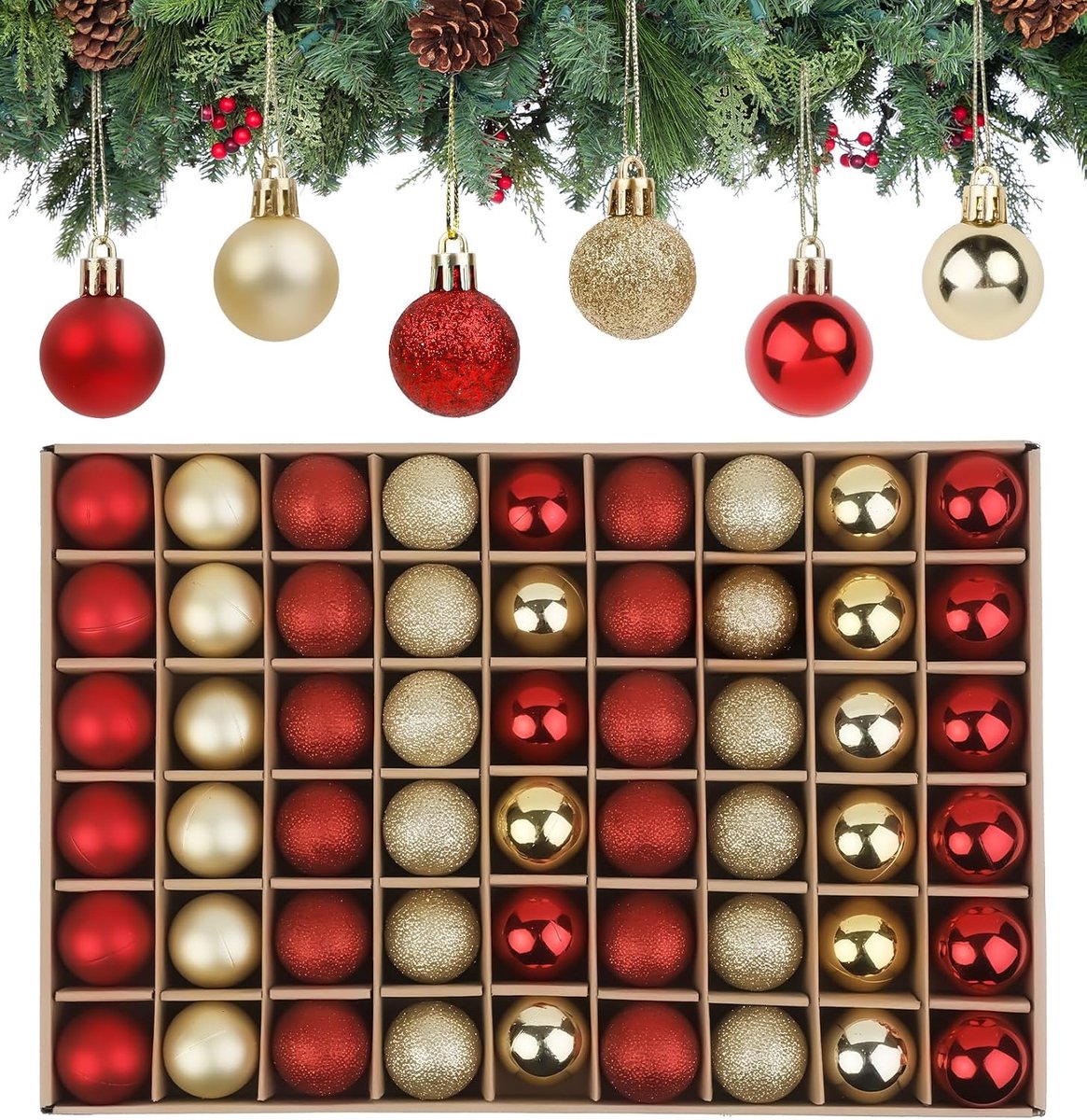 Kerstballen set van 54 mini - 3 cm - rood goud - decoratie voor kerstboom - ShopVlot