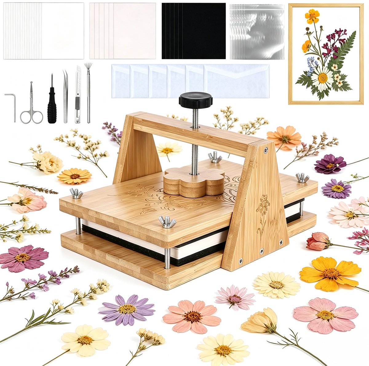 Bloemenpers 30 x 20 cm - Houten bloemenpers - Inclusief sponsplaat en droogplaat - Perfect voor creatief drogen - ShopVlot