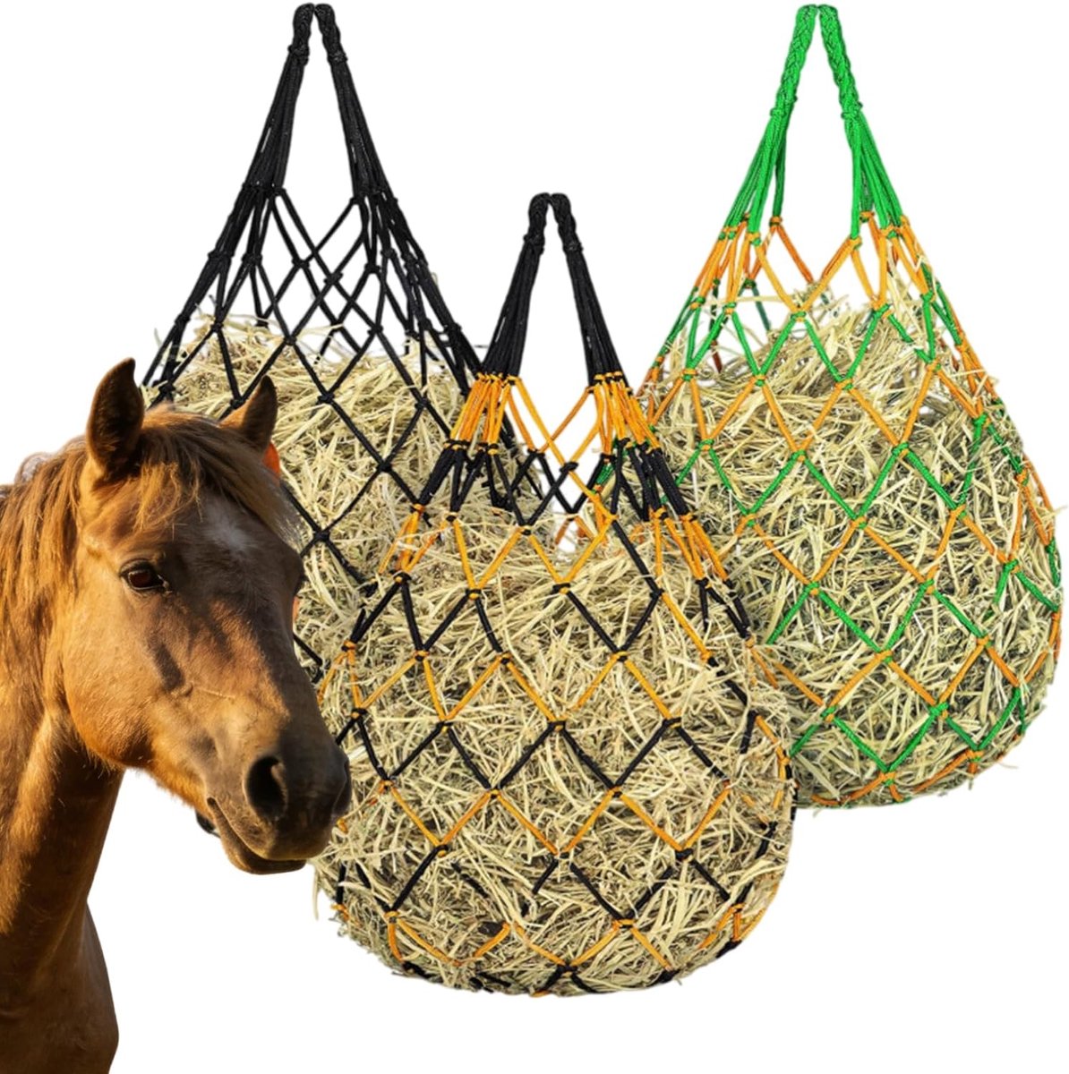 3 stuks hooiennet voor paarden, groot, 9-10, fijnmazig 10 x 10 cm, hooitas paard, ronde bollen, hooizak voor paarden, voor diervriendelijke voeding, hooibal paard verbetert de spijsvertering, onderweg
