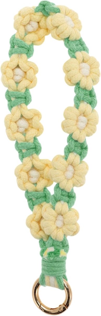 Bloemensleutelhanger, Boheemse sleutelhanger, polssleutelhanger, exclusieve macramé-sleutelhanger voor vrouwen, geelgroen, geel, groen