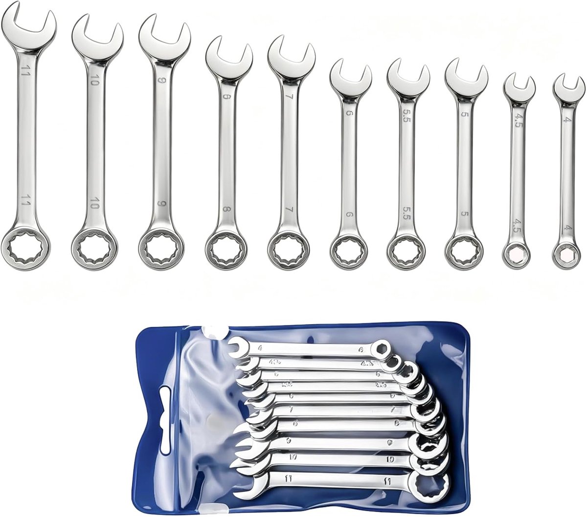 10 stuks mini-steeksleutelset 4-11 mm, metrische combinatiesleutelset met open en doosuiteinde, kleine ontstekingssleutel reparatiegereedschap met draagbaar zakje voor onderhoud van fietsen