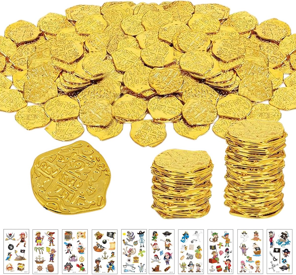 100 stuks piraten gouden munten piratenschat piratendecoraties voor kinderen piraten tattoo stickers piraten schattenjacht decoratie voor kinderverjaardag cadeautje Halloween