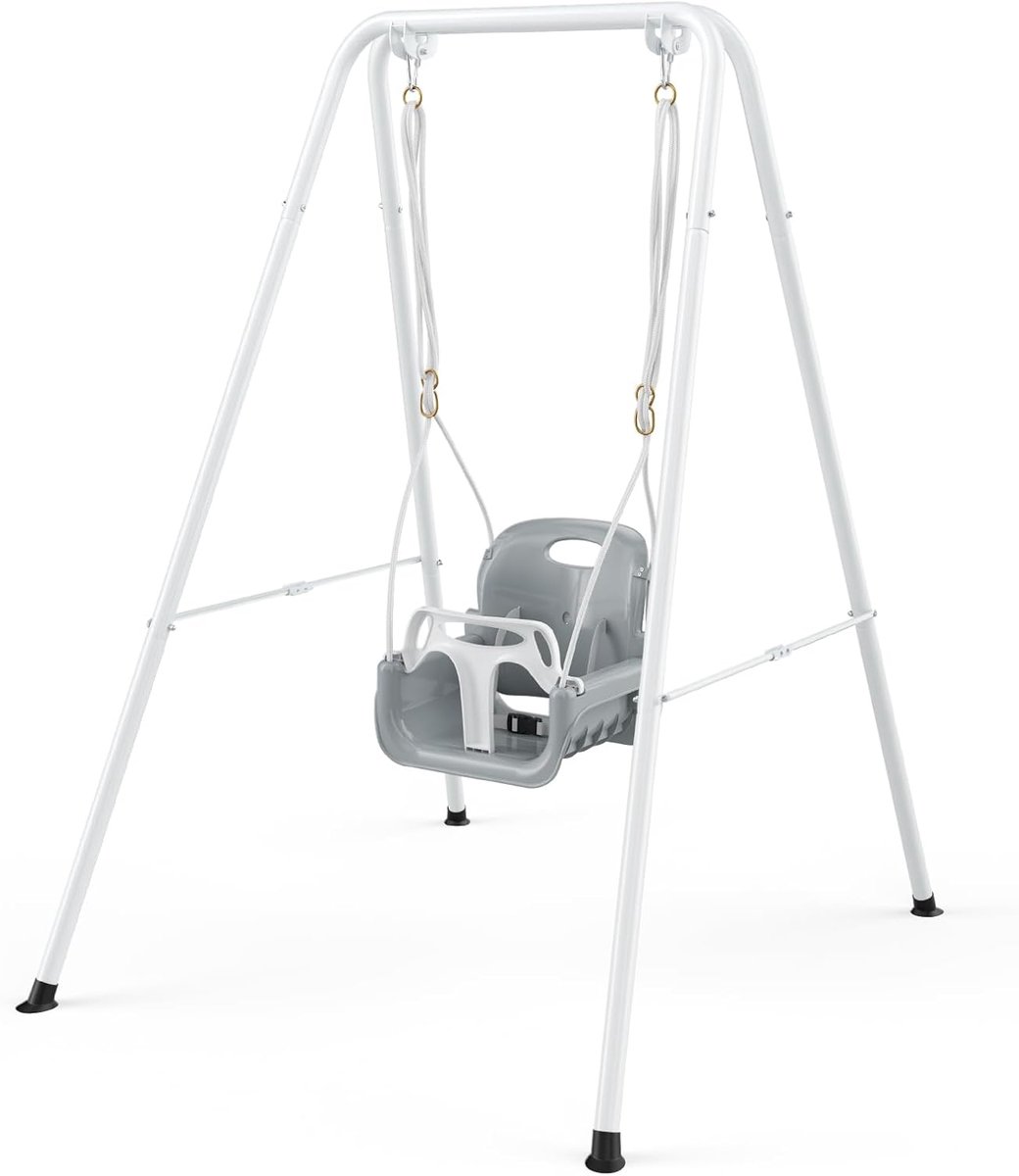 Babyschommel met frame, 2-in-1, babyschommel met metalen standaard, kinderzitje met veiligheidsgordel voor binnen en buiten, wit