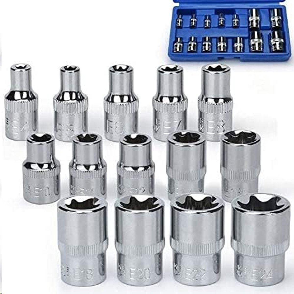 14 STKS Moer Tool, 1 E-Type Moer Tool, Sockets Tool, 14-delige Socket (E4-E24), 1/4 "1/2" 3/8" E-Type sockets Moer Extractor Socket Tool