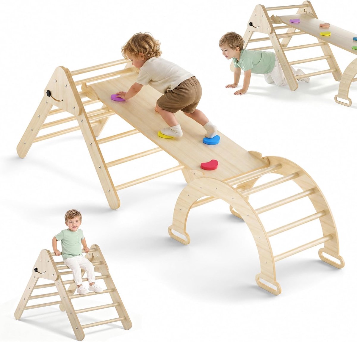 Klimrek voor binnen, 3-in-1 met glijbaan en klimboog, klimdriehoek van natuurlijk hout, inklapbaar, stabiel educatief speelgoed, set voor vanaf 1 jaar, peuters, 40 kg draagvermogen