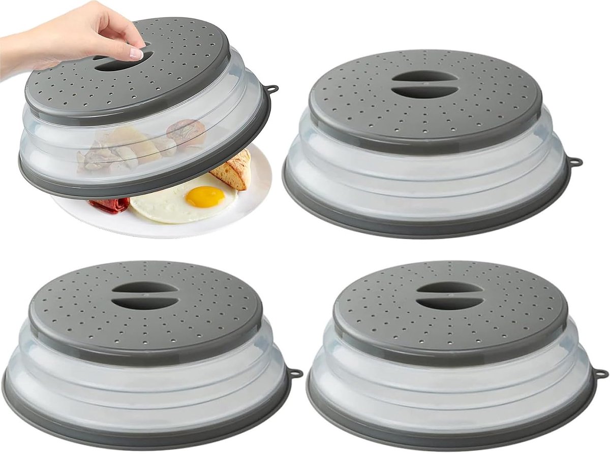 Deksel voor magnetron, 3 stuks, inklapbaar, voor levensmiddelen, spatbescherming, magnetrondeksel met stoomgat, grijs