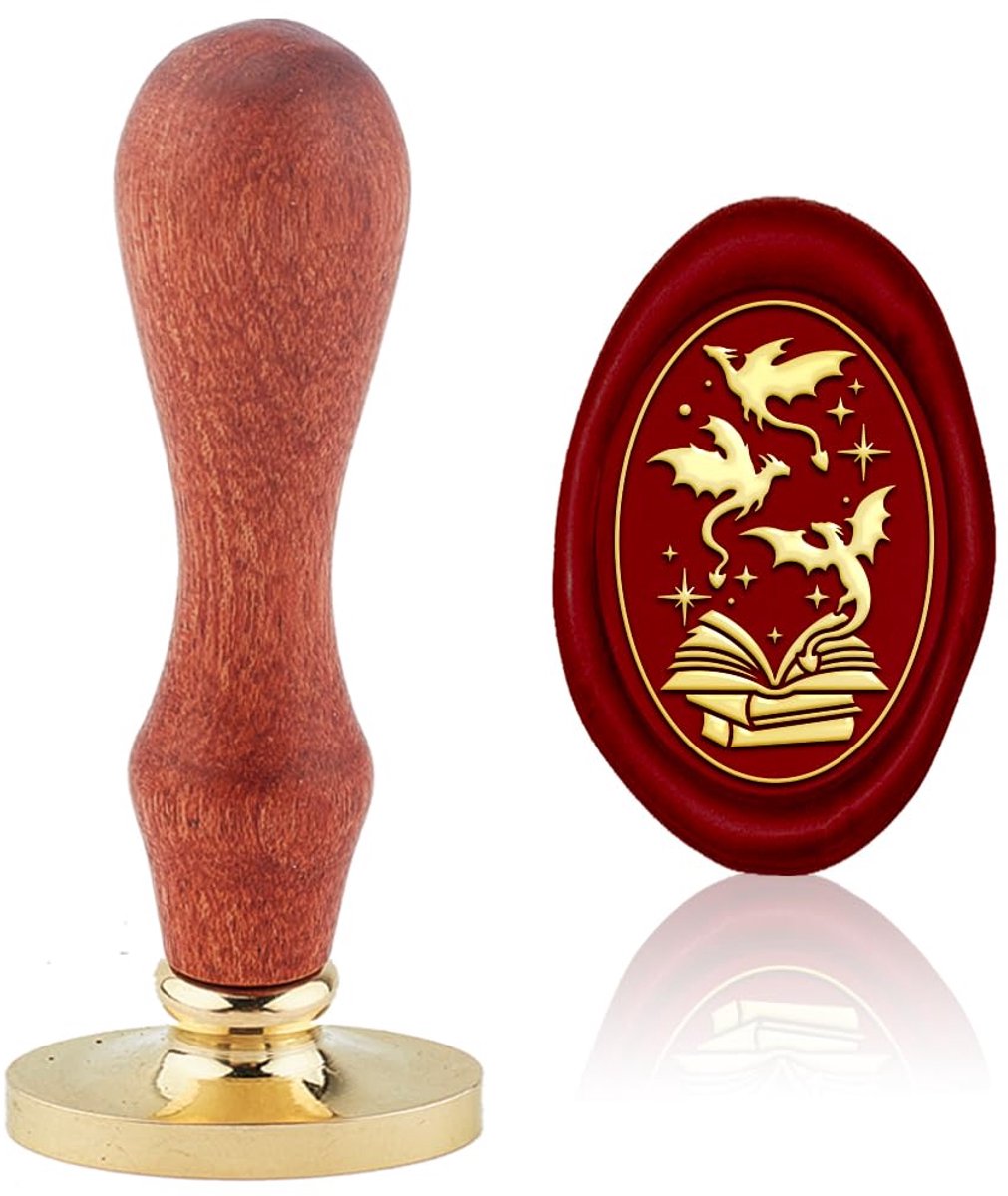 Verwisselbare enveloppen, doe-het-zelf zegelstempel, magisch boek, retro, ovale messing kop, houten handvat, voor eerste schoolfeest, uitnodigingskaart, wijnpakketten