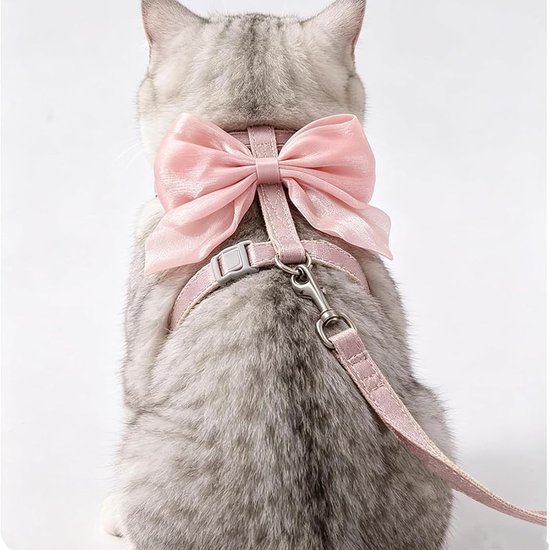 Set Met Lijn, Ontsnappingsbestendig Kattentuig, Comfortabel Verstelbaar, Met Roze Strik, Voor Katten En Puppy’s, Nylon, S Roze — afbeelding 2