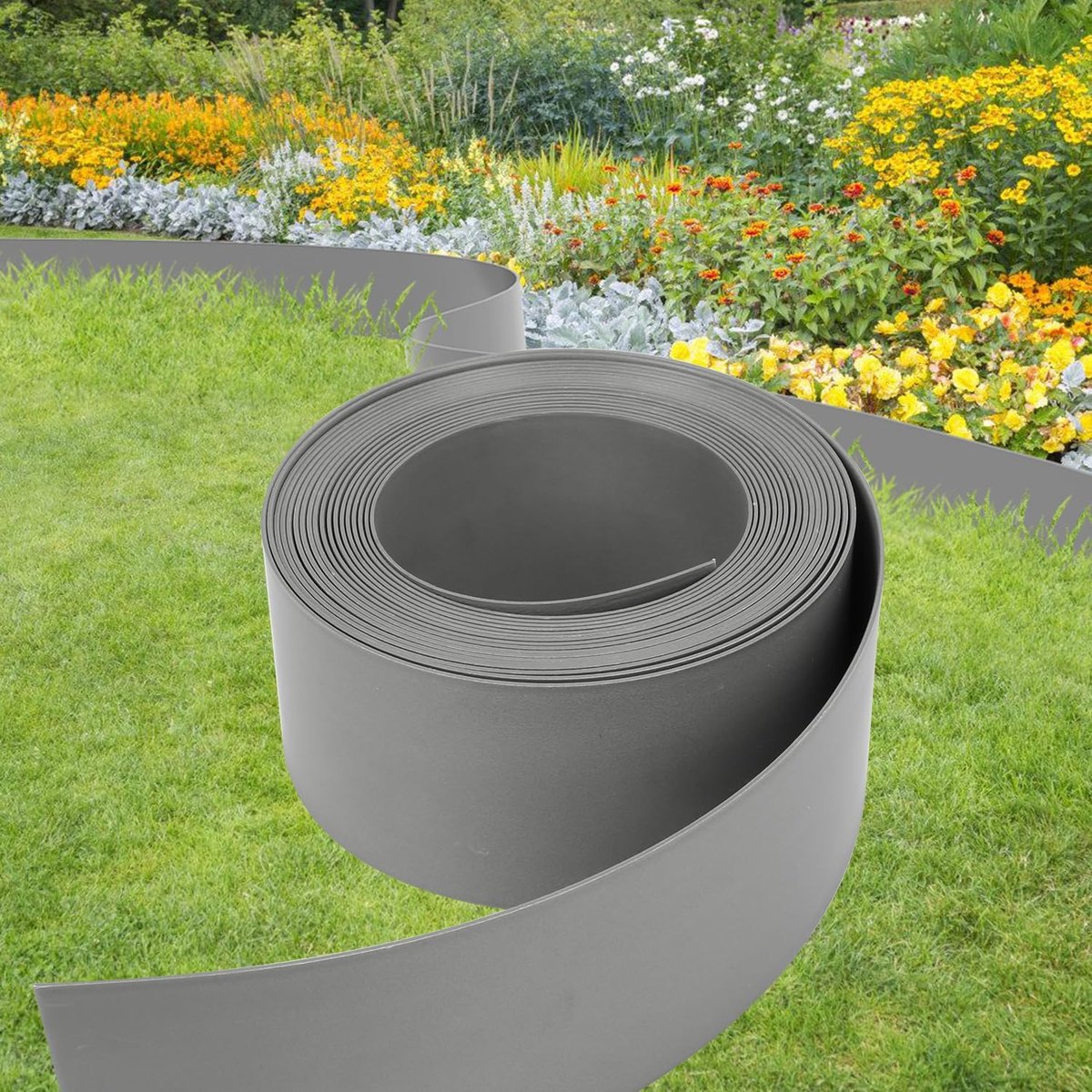 Gazonrand, kunststof, grijs, 50 m (100/2 mm), flexibele bloembedomranding, maairand, tuinomranding voor bochten, bloembed, omranding, onzichtbaar