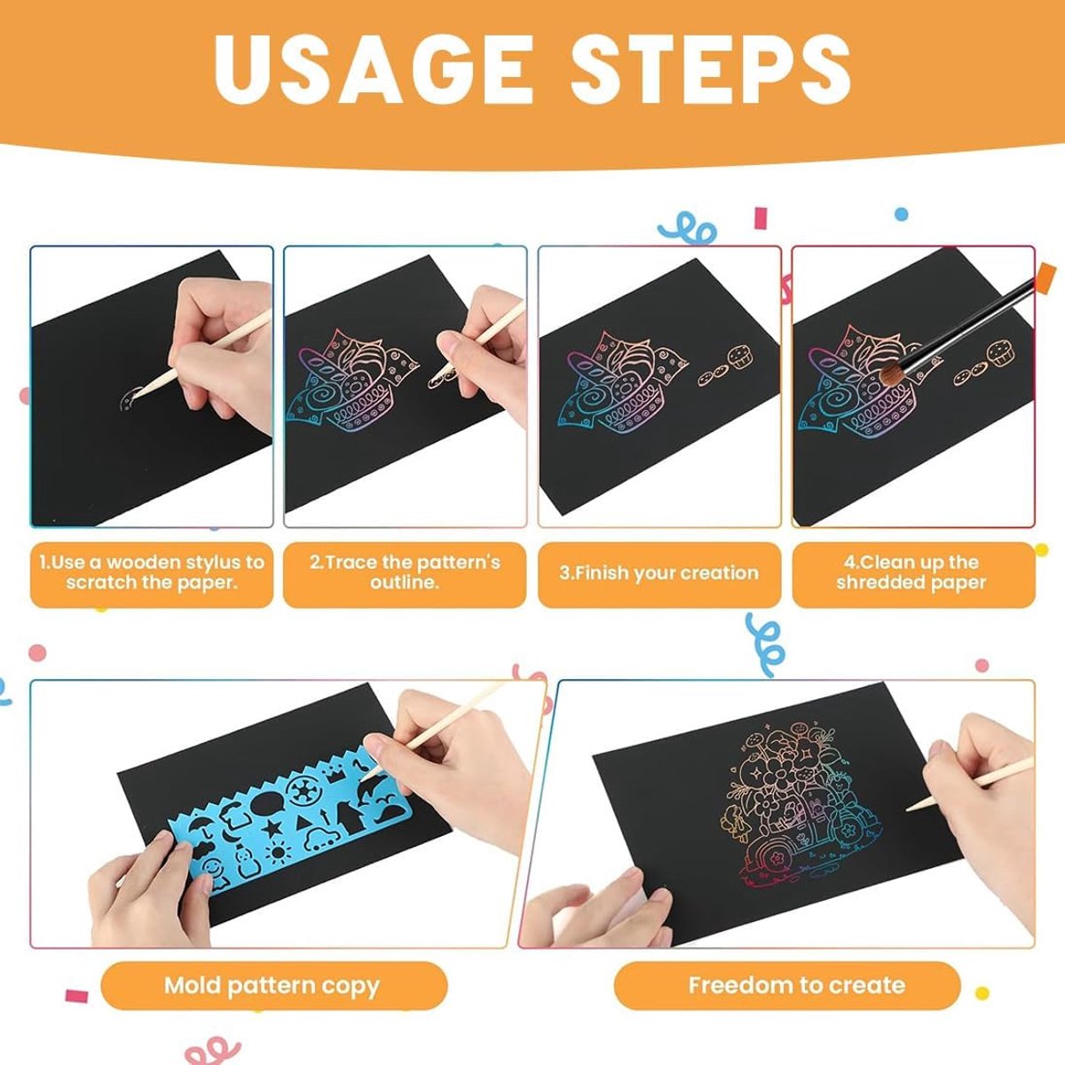 20 Fogli Carta Da Grattare Arcobaleno Kit Disegno Da Grattare Per Bambini Con 2 Penne Di Bambù E 4 Stencil Da Disegno Carta Creazione Diy Disegno Da Grattare Per Asilo Nero 13X18 Cm