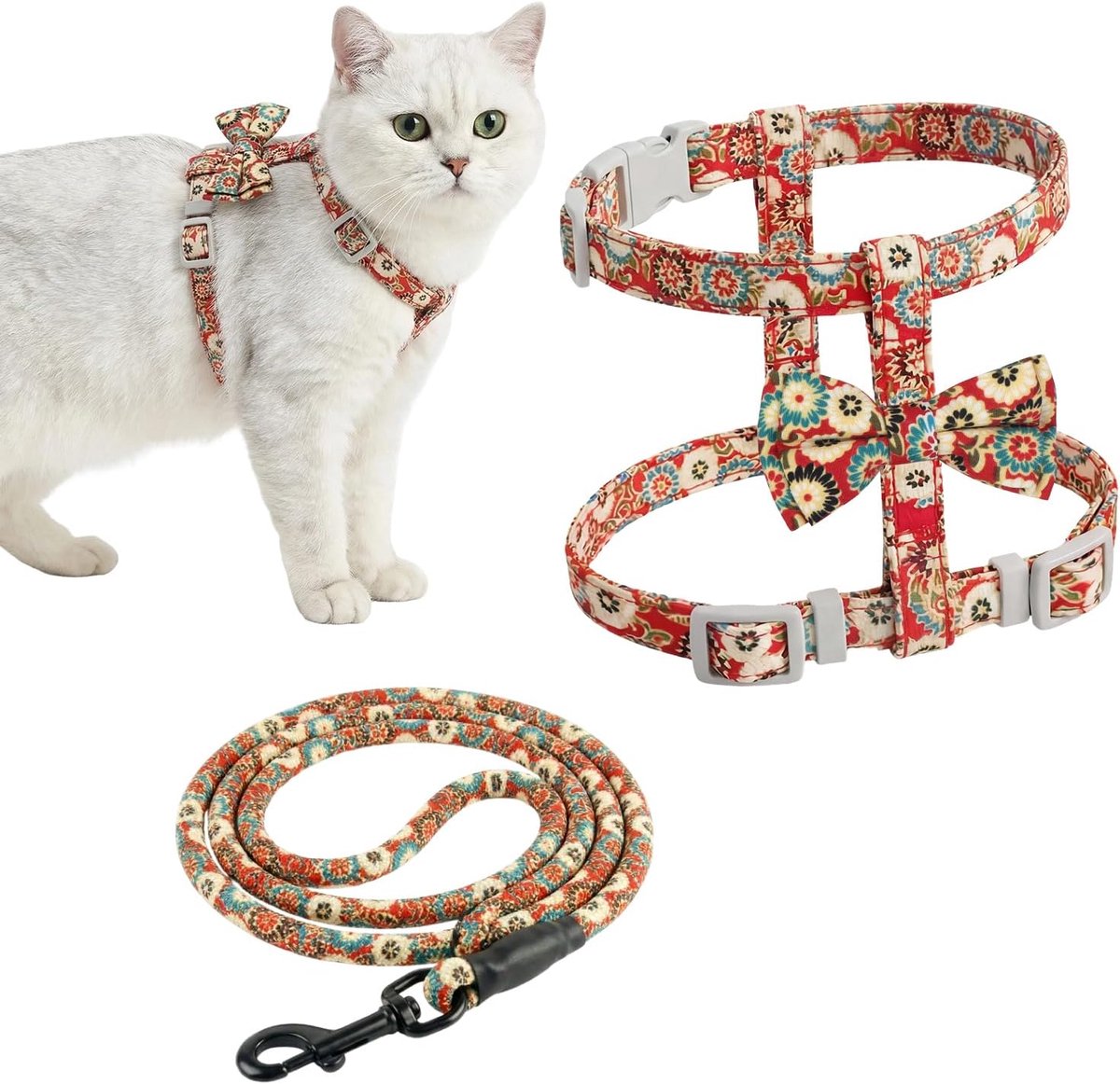 Kattenharnas met riem, ontsnappingsbestendig, verstelbaar borstharnas voor katten en kittens, zacht kattenvest in rood met bloemenpatroon, kattenset voor veiligheid en comfort (S)